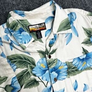 Havana Jack's Cafe Shirt Mens Size M Beige Blue Flowers Green Leaf 100% Rayon